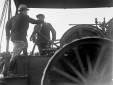 Il Duce in piedi su un trattore con un lavoratore  ...