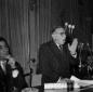 Jean-Paul Sartre parla ad una sua conferenza stamp ...