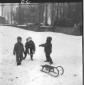 Dei bambini giocano sulla neve con uno slittino. T ...