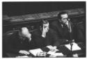 Zoli, Del Bo ed Andreotti ripresi seduti sugli scr ...